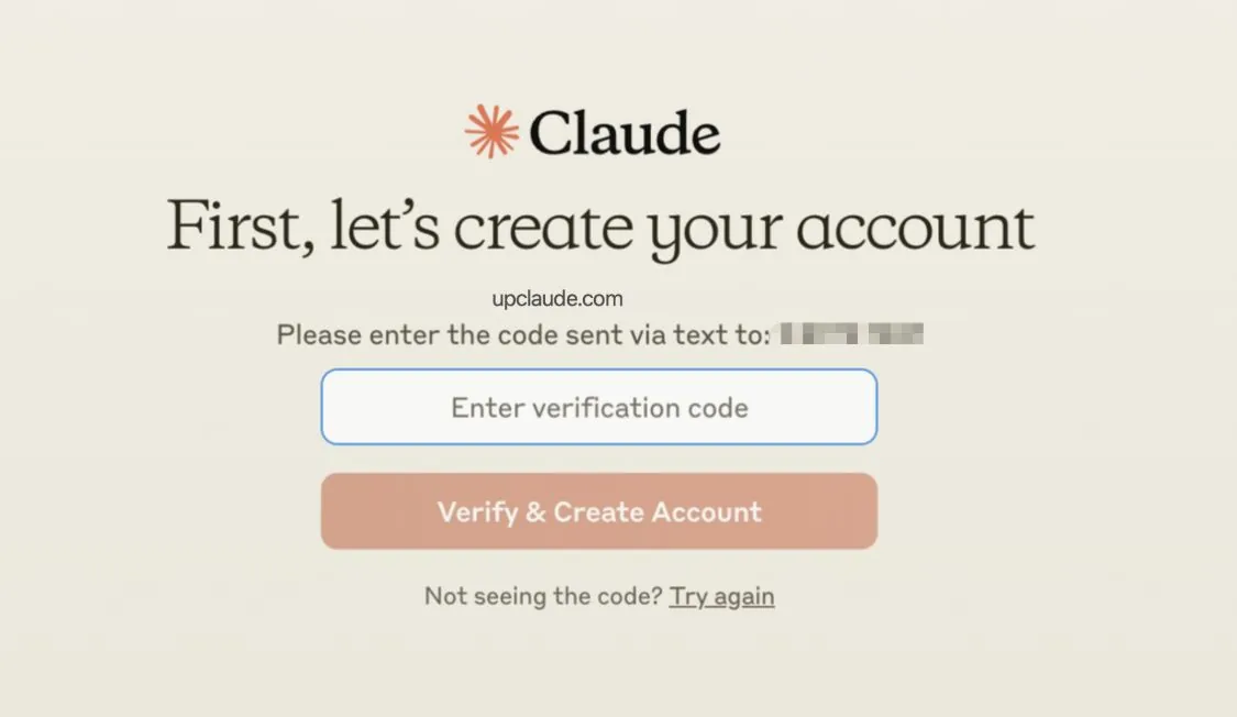 Claude signup screen prompting to enter the verification code sent by text, with the code field highlighted